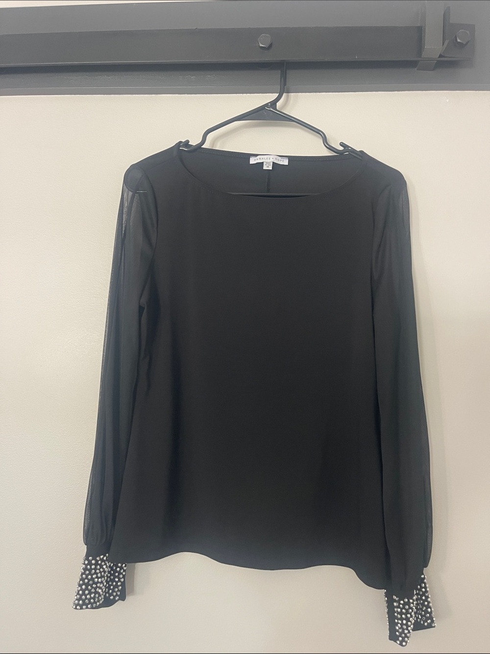 Annalee + Hope Black Sheer-Sleeve Blouse with Pearl Cuffs